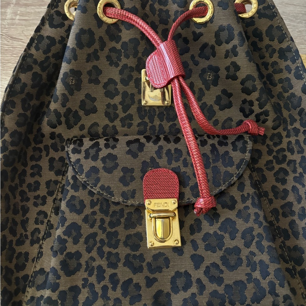 Fendi Leopard Print Drawstring Bag - Black and Red
